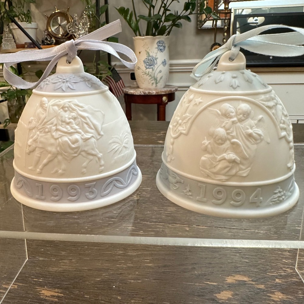 Vintage Lladró Annual Porcelain Christmas Bells 2 Pc 1993 - 1994 Ornaments